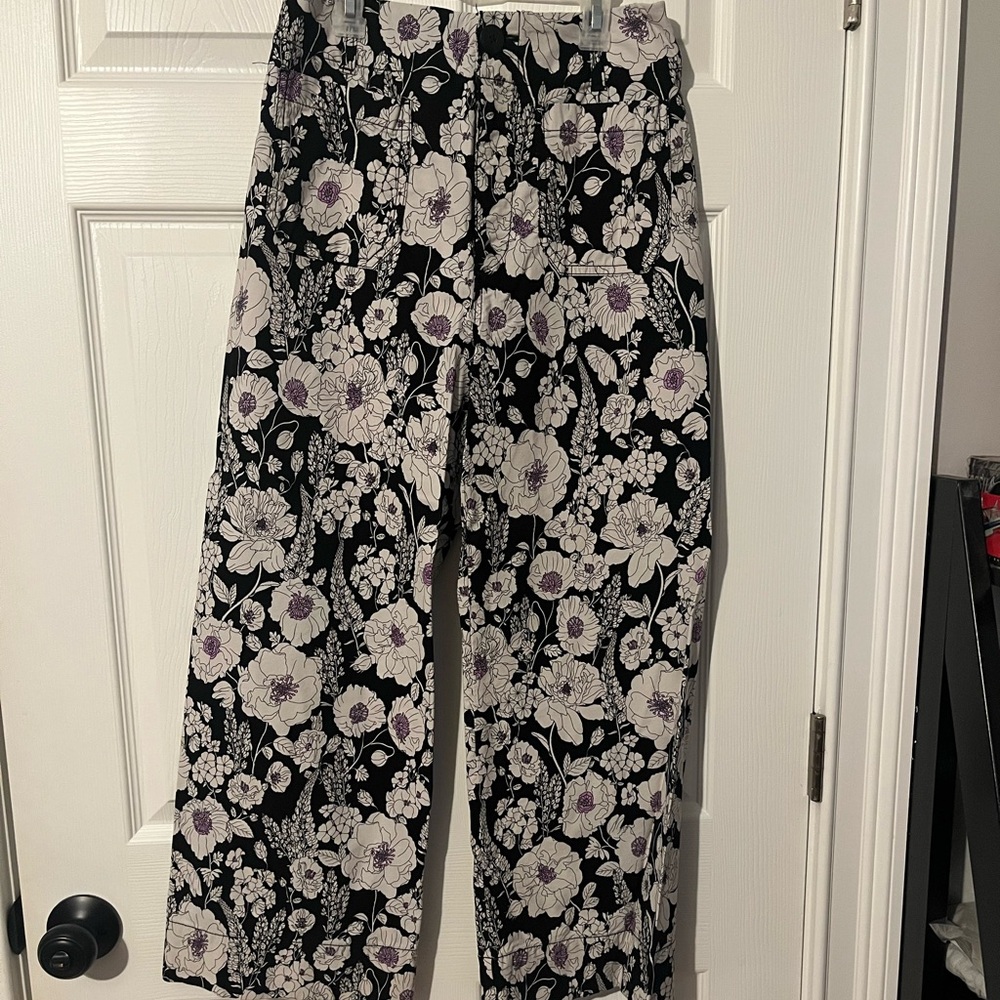 Anthropologie Maeve Collette Floral Black and White Wide-Leg Pants
